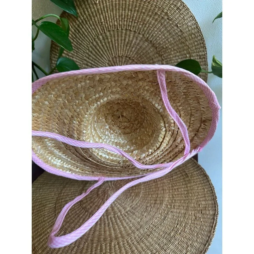 Large Straw Sun Hat with Pink Gingham Trim